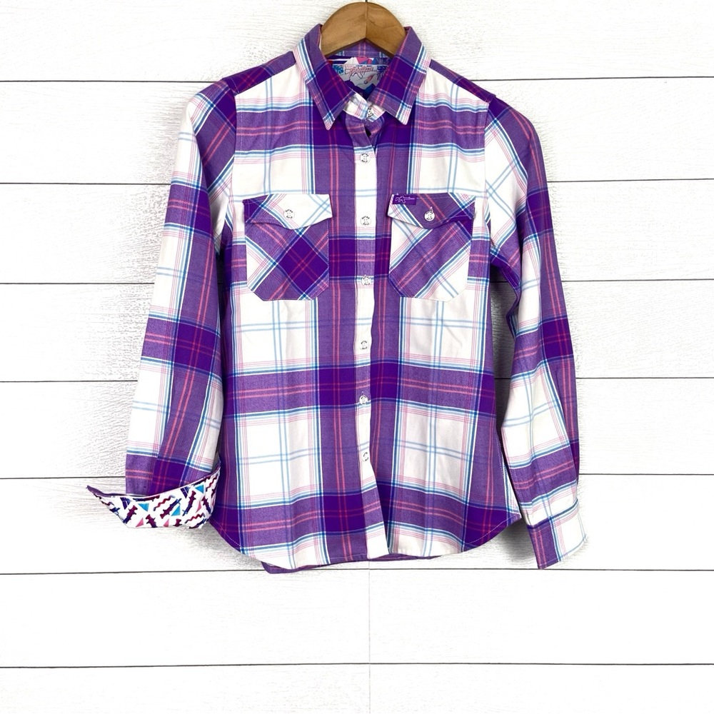 RETRO RIFLE Prehistoric Flannel Button Up Shirt Womens Purple Plaid Small
